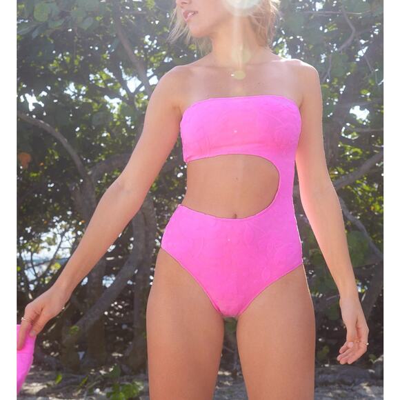 Aerie Other - NWOT Aerie One Piece Swim Suit Women M Bubble Gum Pink Floral Cut Out Adjustable
